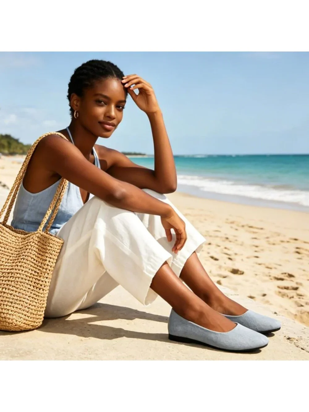 Women's Light Denim PU Leather Comfortable Ballet Flats Slip on Round Toe Shoes